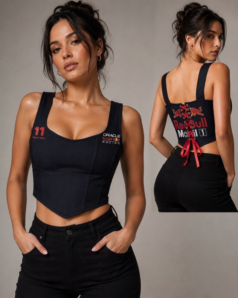 Red Bull Racing Womens Cropped Lace-Up Tank Top Square Neck Logo Navy Sz XL